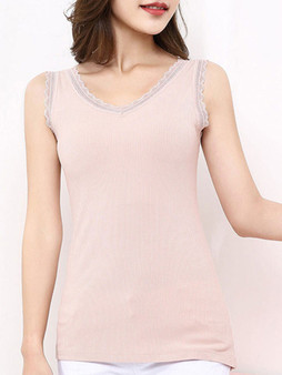 Casual V-Neck Decorative Lace Plain Awesome Sleeveless T-Shirt