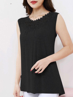 Casual Simple Designed Decorative Lace Plain Sleeveless T-Shirt