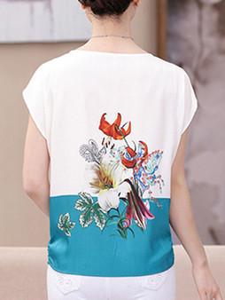 Casual Round Neck Color Block Floral Short Sleeve T-Shirt