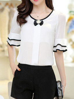Casual Round Neck Bowknot Plain Bell Sleeve Blouse
