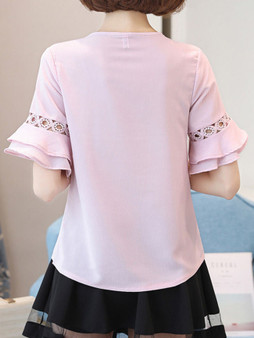 Casual Round Neck Hollow Out Plain Bell Sleeve Blouse