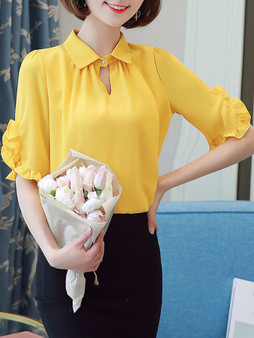 Casual Polo Collar Ruffle Trim Plain Blouse