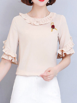 Casual Round Neck Ruffle Trim Plain Blouse