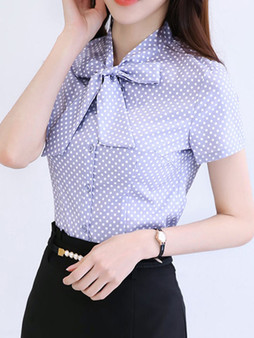 Casual Tie Collar Bowknot Polka Dot Blouse