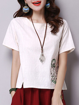 Casual Round Neck Vented Embroidery Short Sleeve T-Shirt