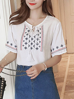 Casual Designed Tassel Embroidery Round Neck Short Sleeve T-Shirt