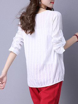 Casual V-Neck Plain Roll-Up Sleeve Blouse