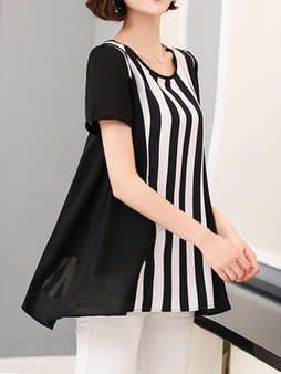 Casual Round Neck Vertical Striped Blouse