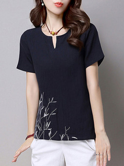 Casual Split Neck Embroidery Short Sleeve T-Shirt