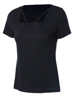 Casual Square Neck Hollow Out Plain Short Sleeve T-Shirt