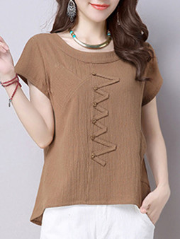 Casual Round Neck Decorative Button Plain Short Sleeve T-Shirt