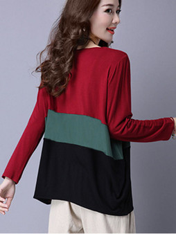 Casual Round Neck Color Block Blouse