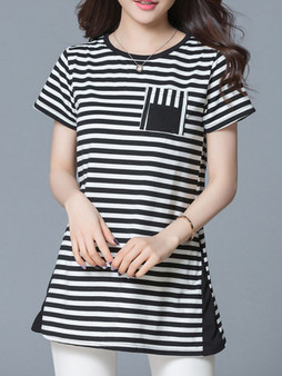 Casual Round Neck Patch Pocket Striped Blouse