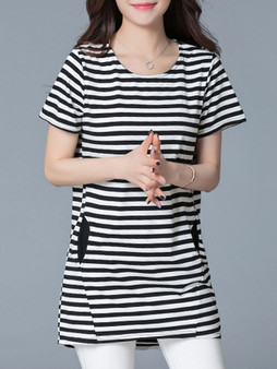 Casual Round Neck Pocket Striped Longline Blouse