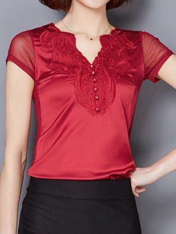 Casual Split Neck Decorative Lace Plain Blouse