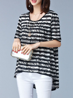 Casual Round Neck Striped High-Low Blouse