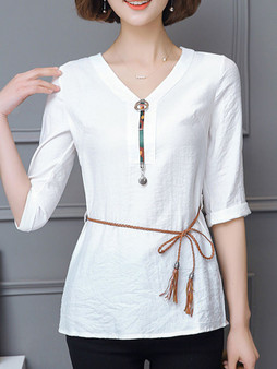 Casual V-Neck Beading Removable Tie Plain Blouse