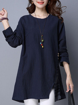 Casual Round Neck Patch Pocket Vented Blouse