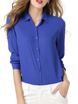 Casual Turn Down Collar Plain Blouse With Long Sleefe