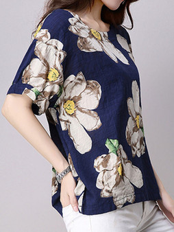 Casual Loose Round Neck Floral Printed Blouse