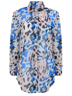 Casual Turn Down Collar Curved Hem Leopard Blouse