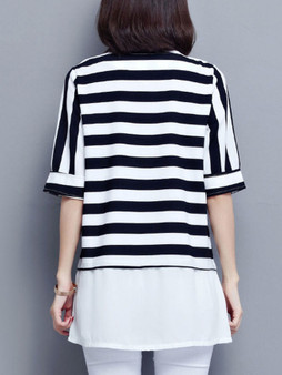 Casual Round Neck Striped Blouse With Half Sleeve