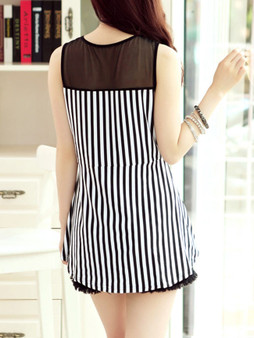 Casual Patchwork Hollow Out Vertical Striped Sleeveless T-Shirt
