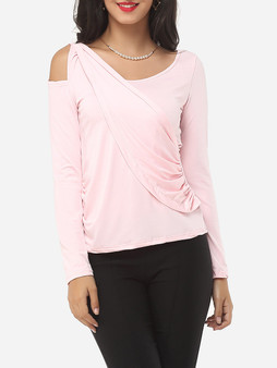 Casual Hollow Out Plain Courtly Asymmetric Neckline Long Sleeve T-shirt