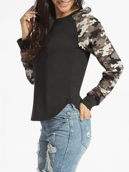 Casual Round Neck Camouflage Patchwork Long Sleeve T-shirt