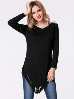 Casual V-Neck Asymmetric Hem Tassel Plain Long Sleeve T-Shirt