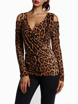 Casual Open Shoulder Leopard Printed Long Sleeve T-Shirt