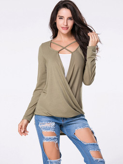 Casual Surplice Plain High-Low Long Sleeve T-Shirt