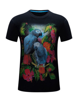 Casual Crew Neck Floral Bird Printed T-Shirt