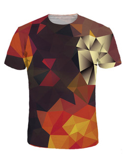 Casual Crew Neck 3D Geometric Printed Color Block T-Shirt