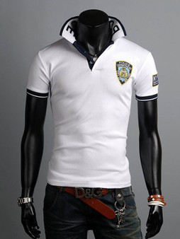 Casual Polo Collar Color Block Letters T-Shirt With Decorative Patch
