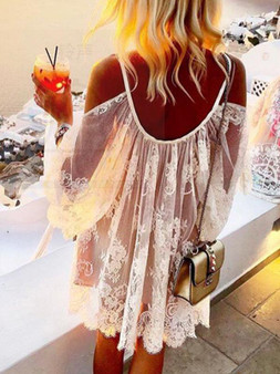 Lace V-neck Hollow Long Sleeves Cover-up Mini Dresses