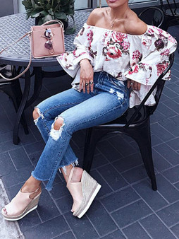 Off-the-shoulder Floral Flared Sleeves Loose Blouses&shirts Tops