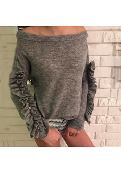 Grey Pearl Ruffle Boat Neck Casual Long Sleeve Pullover Sweater