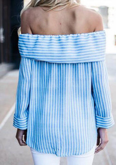 Blue Striped Bow Bandeau Off-Shoulder Long Sleeve Blouse