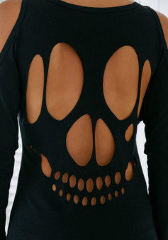 Black Skull Cut Out Round Neck Long Sleeve Casual T-Shirt