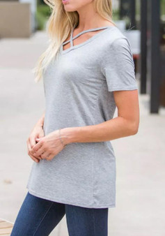 Grey Cross Cut Out V-neck Casual Going out T-Shirt