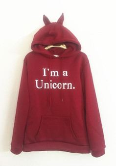 Red "I'm a Unicorn" Print Pockets Drawstring Cute Oversized Hooded Sweatershirt