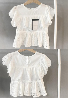 White Cut Out Ruffle Round Neck Short Sleeve Children's Blouse