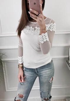 White Patchwork Grenadine Lace Round Neck Fashion T-Shirt