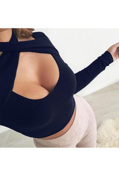 Navy Blue Cut Out Midriff Irregular Long Sleeve T-Shirt