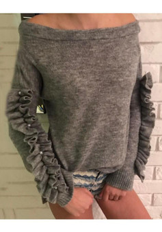 Grey Ruffle Beading Off Shoulder Backless Long Sleeve Casual Pullover Sweater