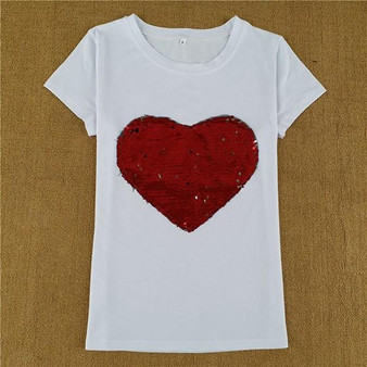 White Love Print Sequin Round Neck Fashion T-Shirt