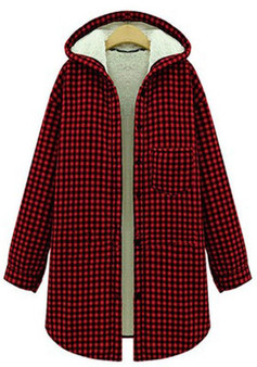 Red Striped Print Single Breasted Pockets Hooded Coat