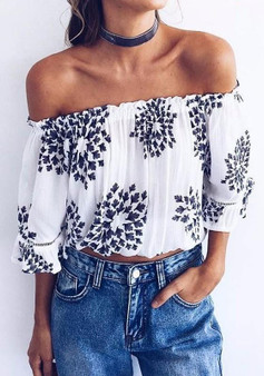 White Floral Bandeau Ruffle Print Puff Sleeve Off Shoulder Blouse