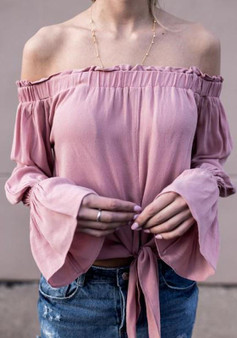 Pink Boat Neck Off Shoulder Ruffle Long Sleeve Fashion Blouse